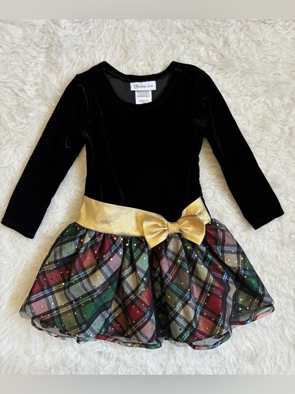 Bonnie Jean Festive Black Velvet Dress with Gold Bow & Sparkly Plaid Tulle Skirt